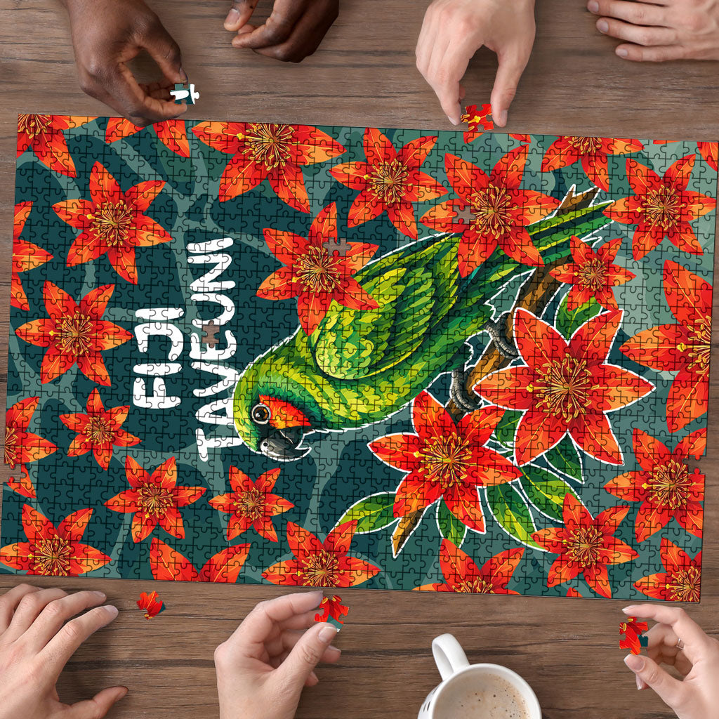 Fiji Taveuni Parrot Puzzle Tropical Waterfall Landscape With Floral Tribal Pattern TS04 - Polynesian Pride