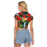 Fiji Taveuni Parrot Raglan Cropped T Shirt Tropical Waterfall Landscape With Floral Tribal Pattern TS04 - Polynesian Pride