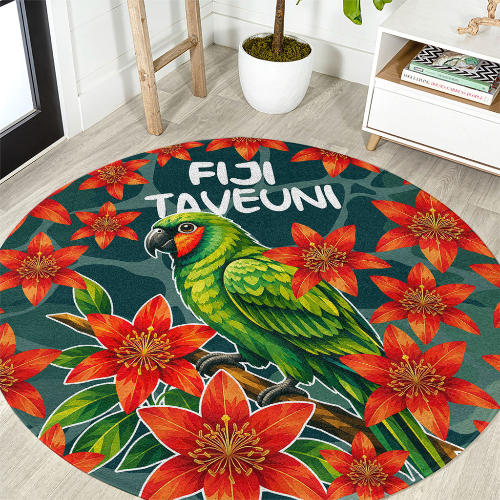 Fiji Taveuni Parrot Round Carpet Tropical Waterfall Landscape With Floral Tribal Pattern TS04 Green Orange - Polynesian Pride