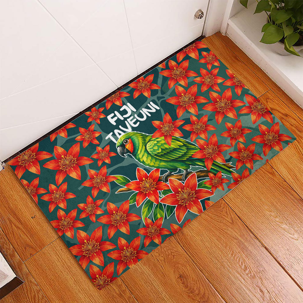 Fiji Taveuni Parrot Rubber Doormat Tropical Waterfall Landscape With Floral Tribal Pattern TS04 - Polynesian Pride