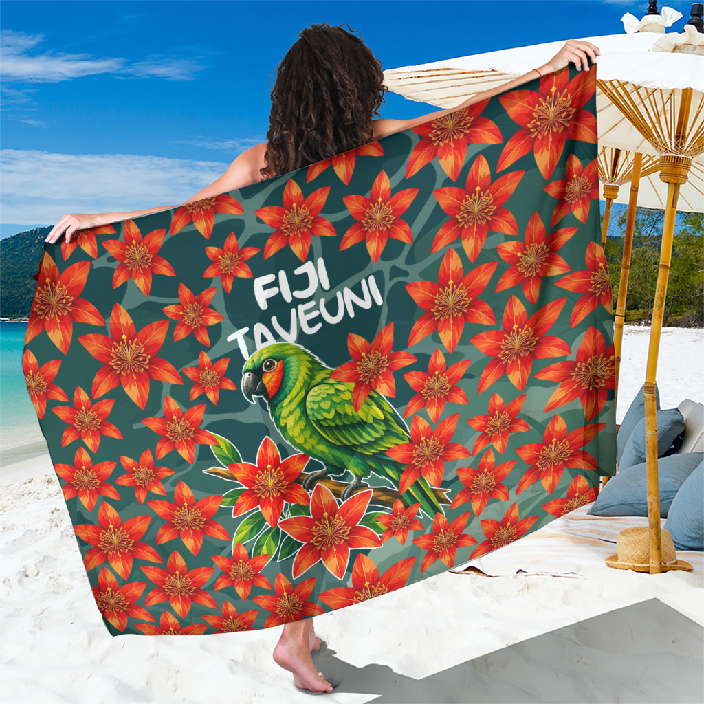 Fiji Taveuni Parrot Sarong Tropical Waterfall Landscape With Floral Tribal Pattern TS04 One Size 44 x 66 inches Green Orange - Polynesian Pride