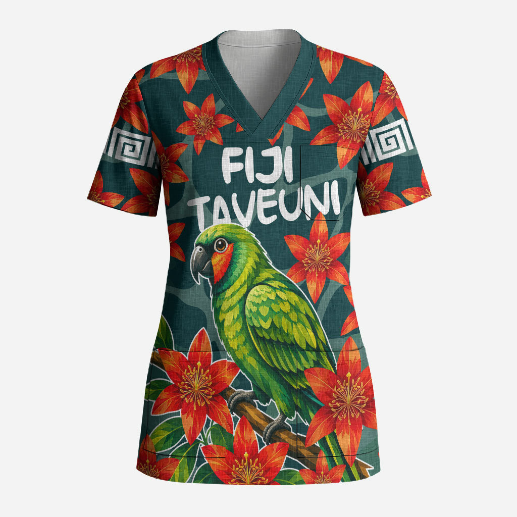 Fiji Taveuni Parrot Scrub Top Tropical Waterfall Landscape With Floral Tribal Pattern TS04 Adult Green Orange - Polynesian Pride