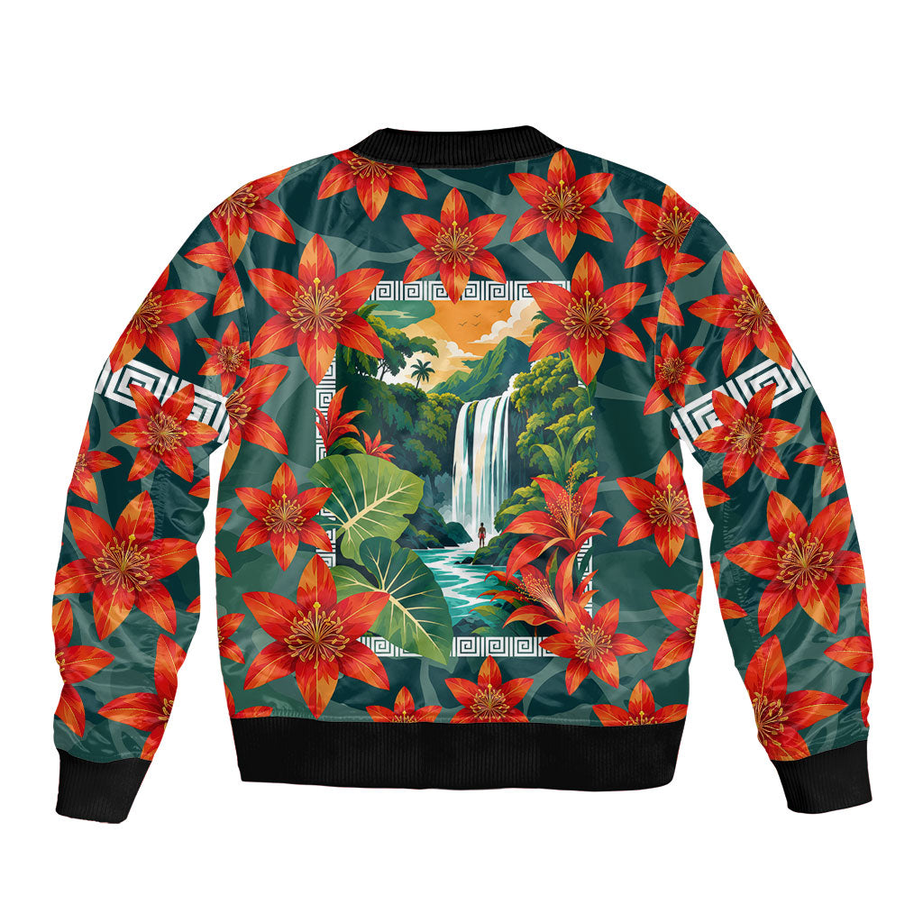Fiji Taveuni Parrot Sleeve Zip Bomber Jacket Tropical Waterfall Landscape With Floral Tribal Pattern TS04 - Polynesian Pride