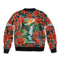 Fiji Taveuni Parrot Sleeve Zip Bomber Jacket Tropical Waterfall Landscape With Floral Tribal Pattern TS04 - Polynesian Pride
