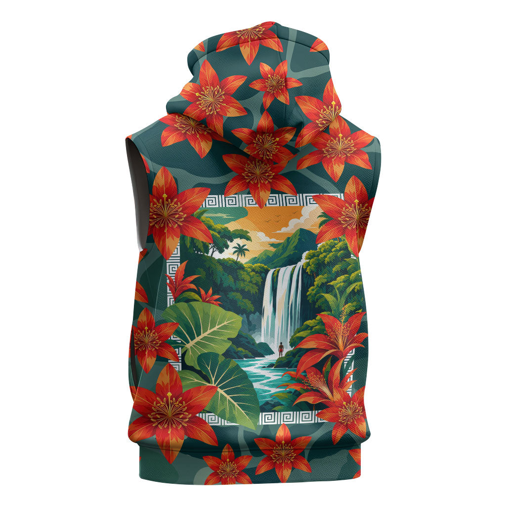 Fiji Taveuni Parrot Sleeveless Hoodie Tropical Waterfall Landscape With Floral Tribal Pattern TS04 - Polynesian Pride