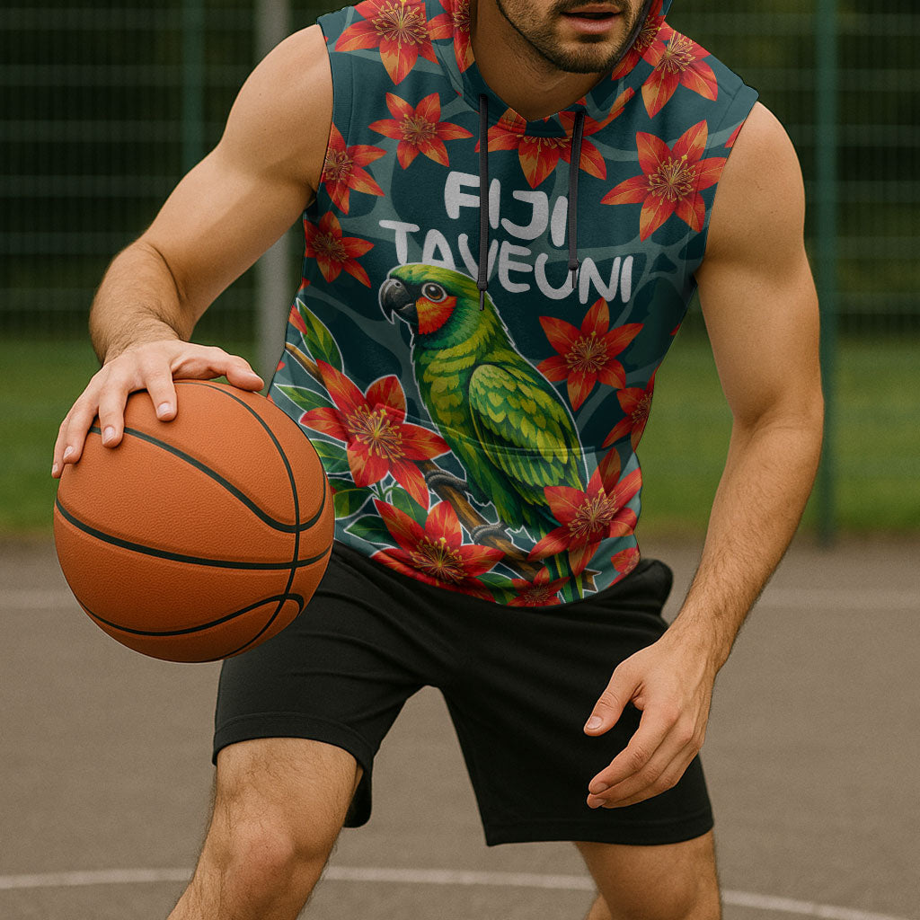 Fiji Taveuni Parrot Sleeveless Hoodie Tropical Waterfall Landscape With Floral Tribal Pattern TS04 - Polynesian Pride