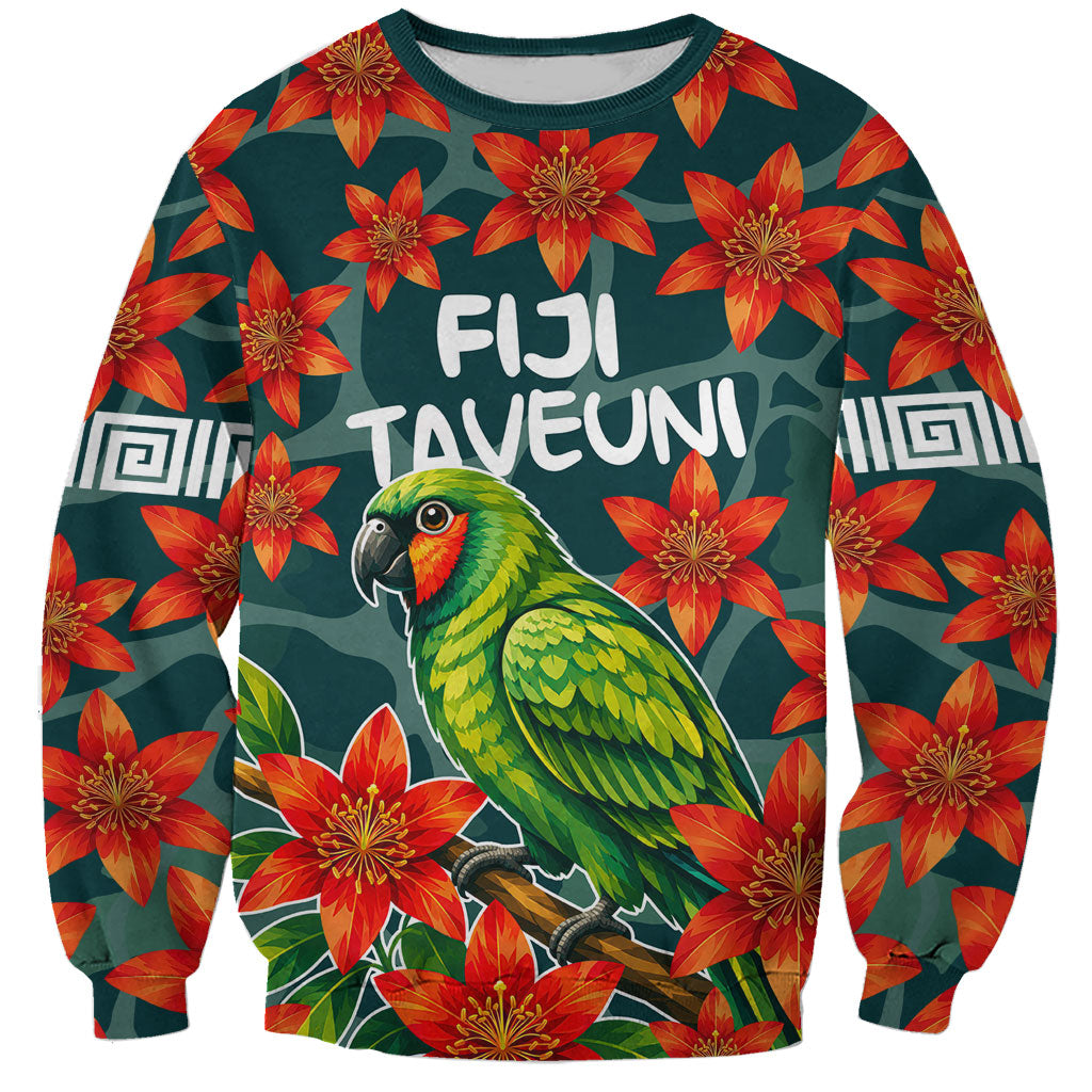 Fiji Taveuni Parrot Sweatshirt Tropical Waterfall Landscape With Floral Tribal Pattern TS04 Unisex Green Orange - Polynesian Pride