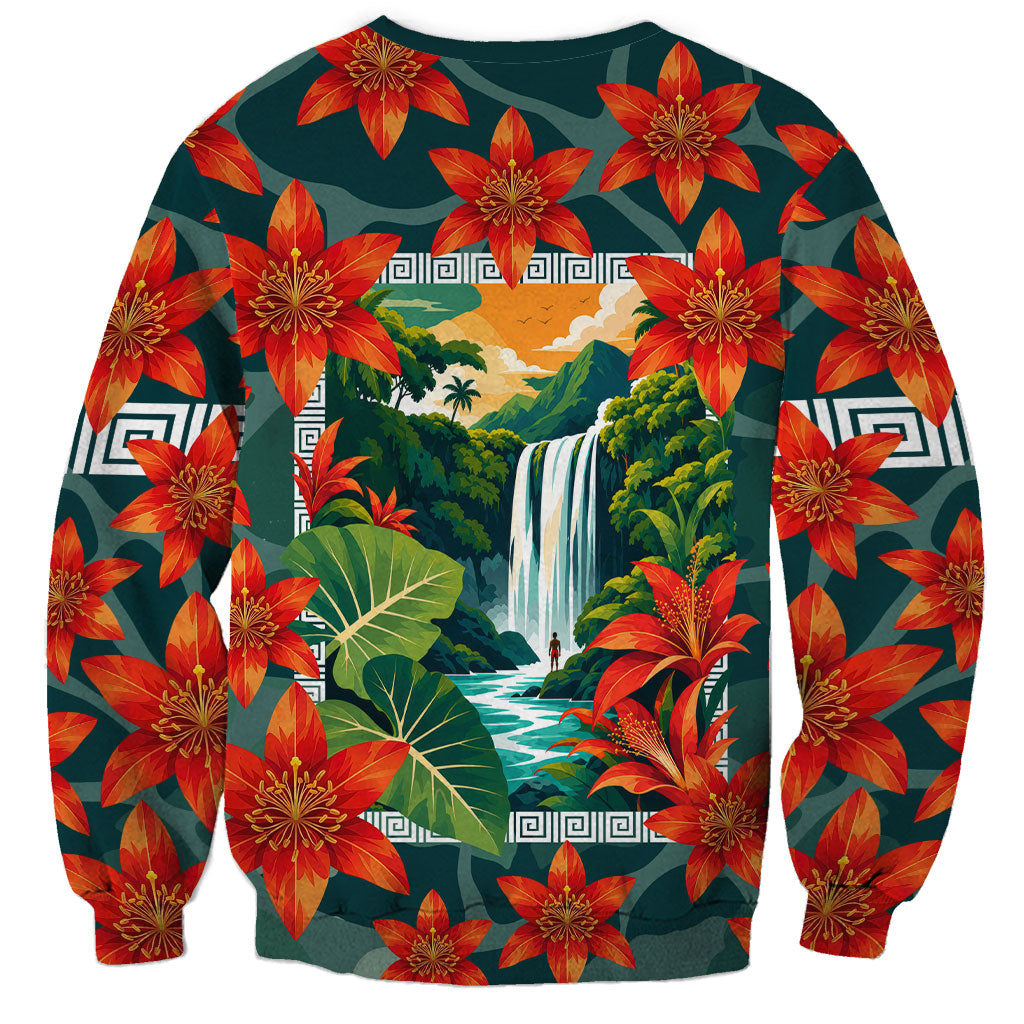 Fiji Taveuni Parrot Sweatshirt Tropical Waterfall Landscape With Floral Tribal Pattern TS04 - Polynesian Pride