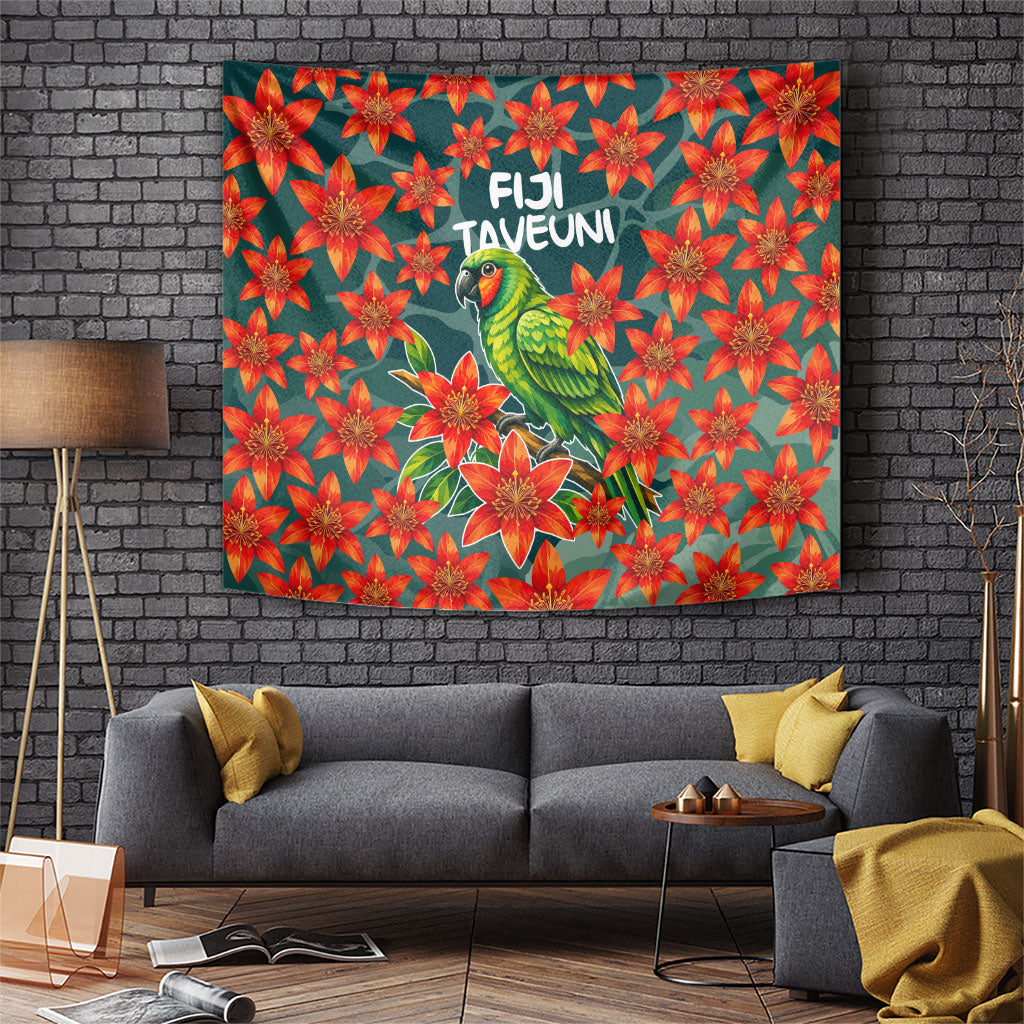 Fiji Taveuni Parrot Tapestry Tropical Waterfall Landscape With Floral Tribal Pattern TS04 Green Orange - Polynesian Pride