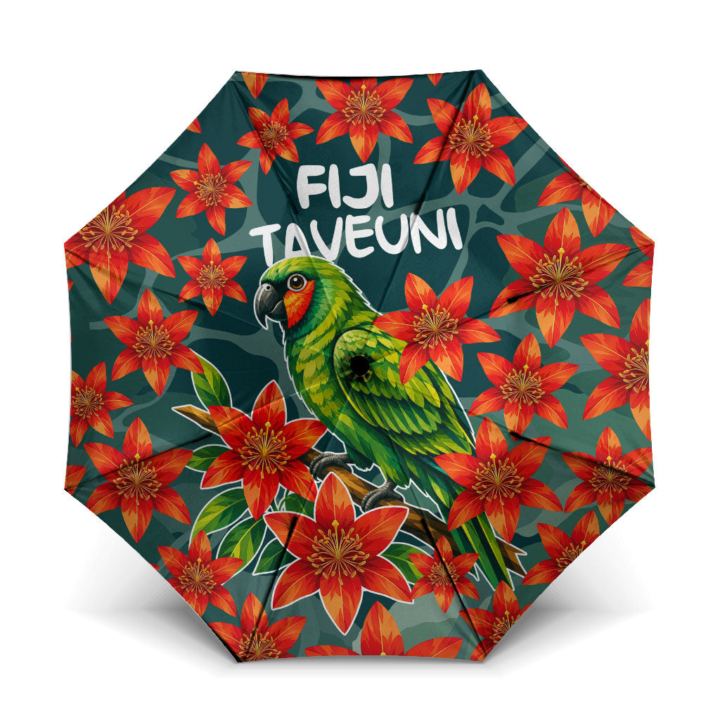 Fiji Taveuni Parrot Umbrella Tropical Waterfall Landscape With Floral Tribal Pattern TS04 One Size Folded 11.42 inch Opened Diameter 37.4 inch Green Orange - Polynesian Pride