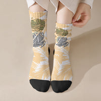 Rotuman Culture Island Pride Crew Socks Traditional Polynesian Tribal Pattern With Island Map TS04 Crew Socks Yellow Beige - Polynesian Pride