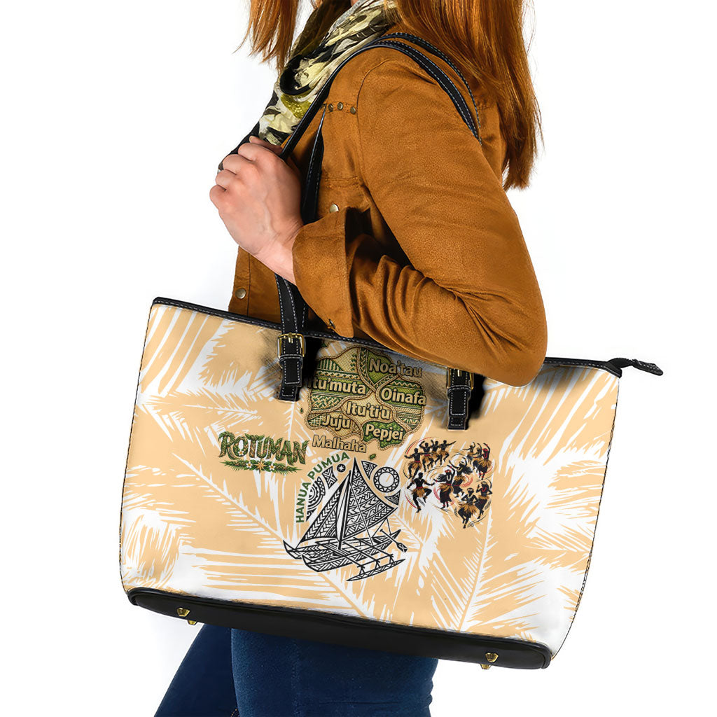 Rotuman Culture Island Pride Leather Tote Bag Traditional Polynesian Tribal Pattern With Island Map