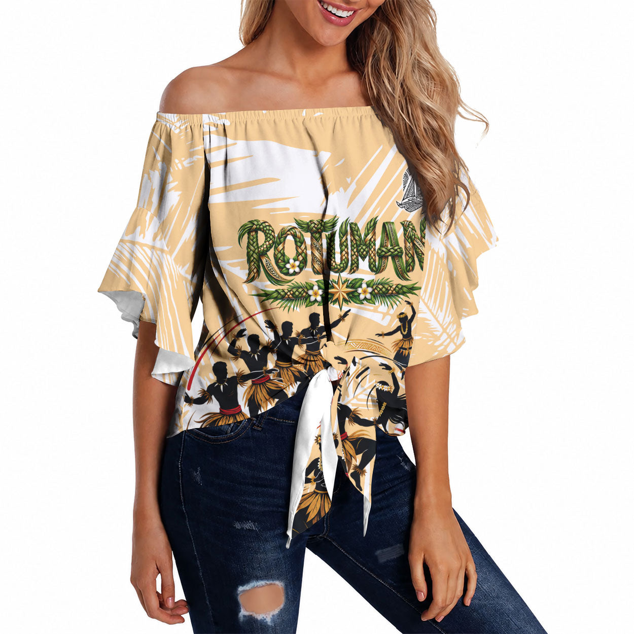 Rotuman Culture Island Pride Off Shoulder Wrap Waist Top Traditional Polynesian Tribal Pattern With Island Map