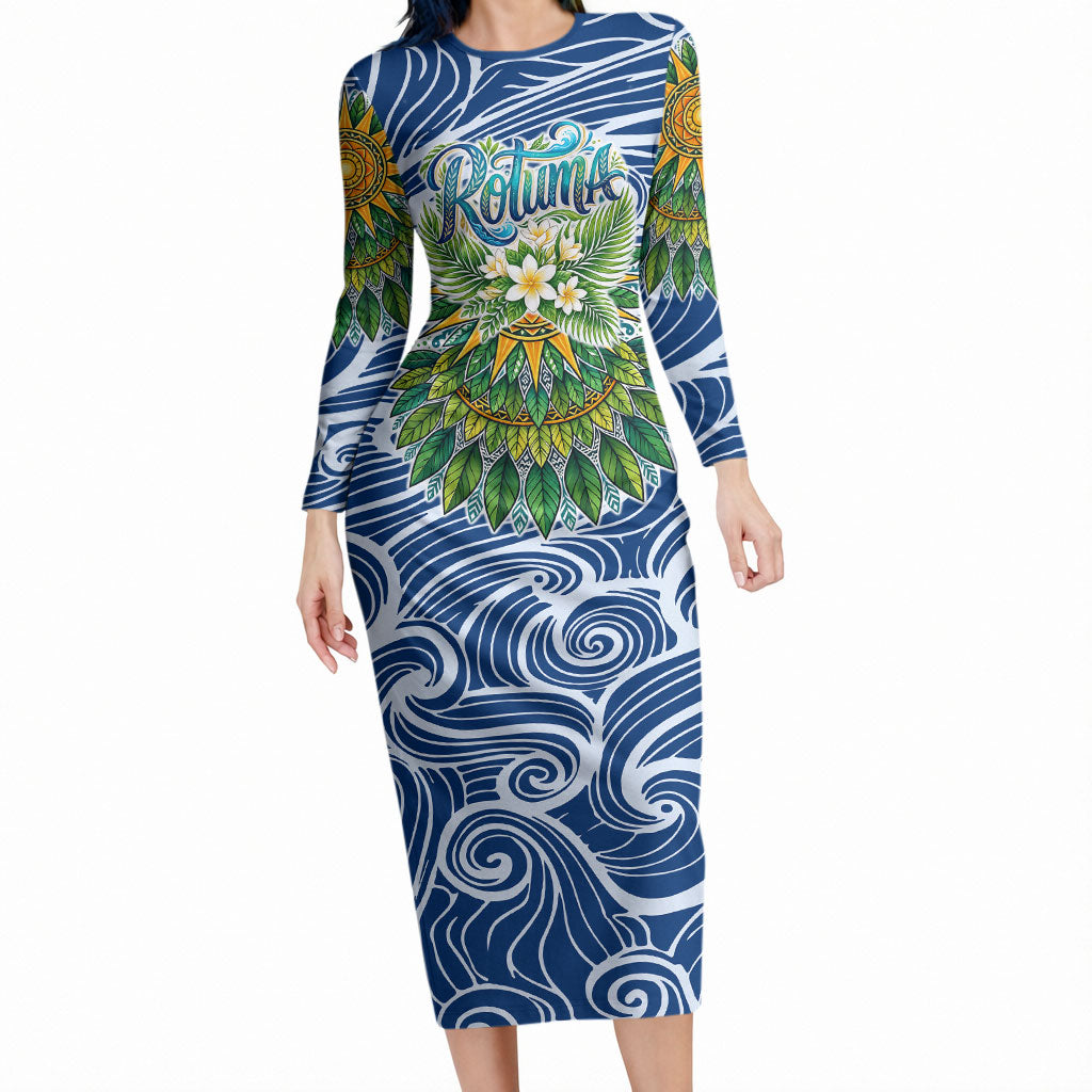Rotuma Fiji Island Pride Long Sleeve Bodycon Dress Ocean Wave Coral Reef Marine Life Tribal Tattoo TS04 Long Dress Blue Green - Polynesian Pride