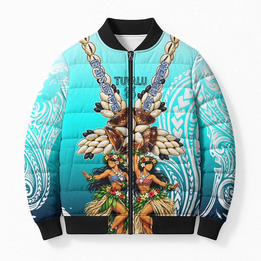 Floating Future Saving Tuvalu Bomber Puffer Jacket Ocean Blue Pacific Polynesian Cultural Art Marine Wildlife