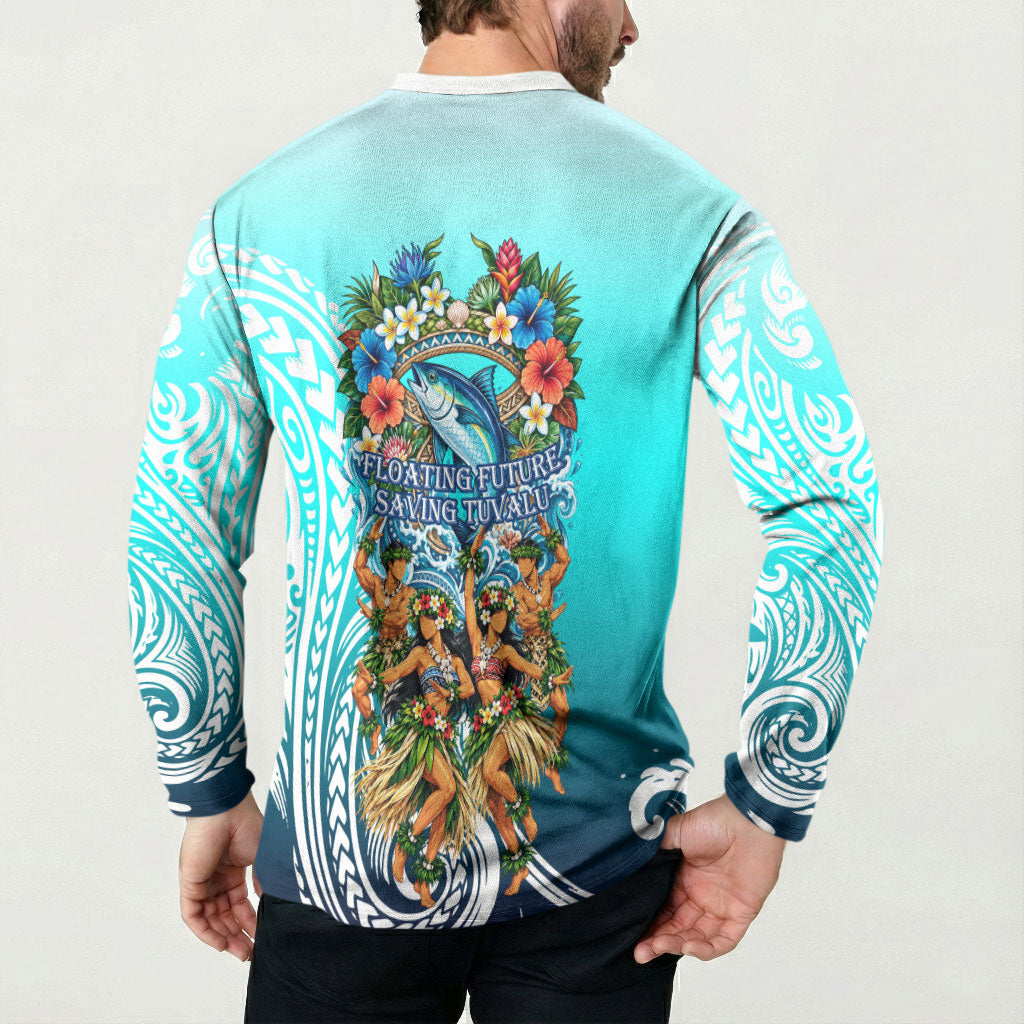 Floating Future Saving Tuvalu Button Sweatshirt Ocean Blue Pacific Polynesian Cultural Art Marine Wildlife