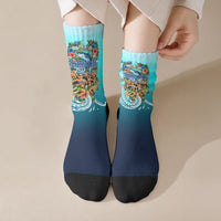 Floating Future Saving Tuvalu Crew Socks Ocean Blue Pacific Polynesian Cultural Art Marine Wildlife TS04 Crew Socks Blue White - Polynesian Pride