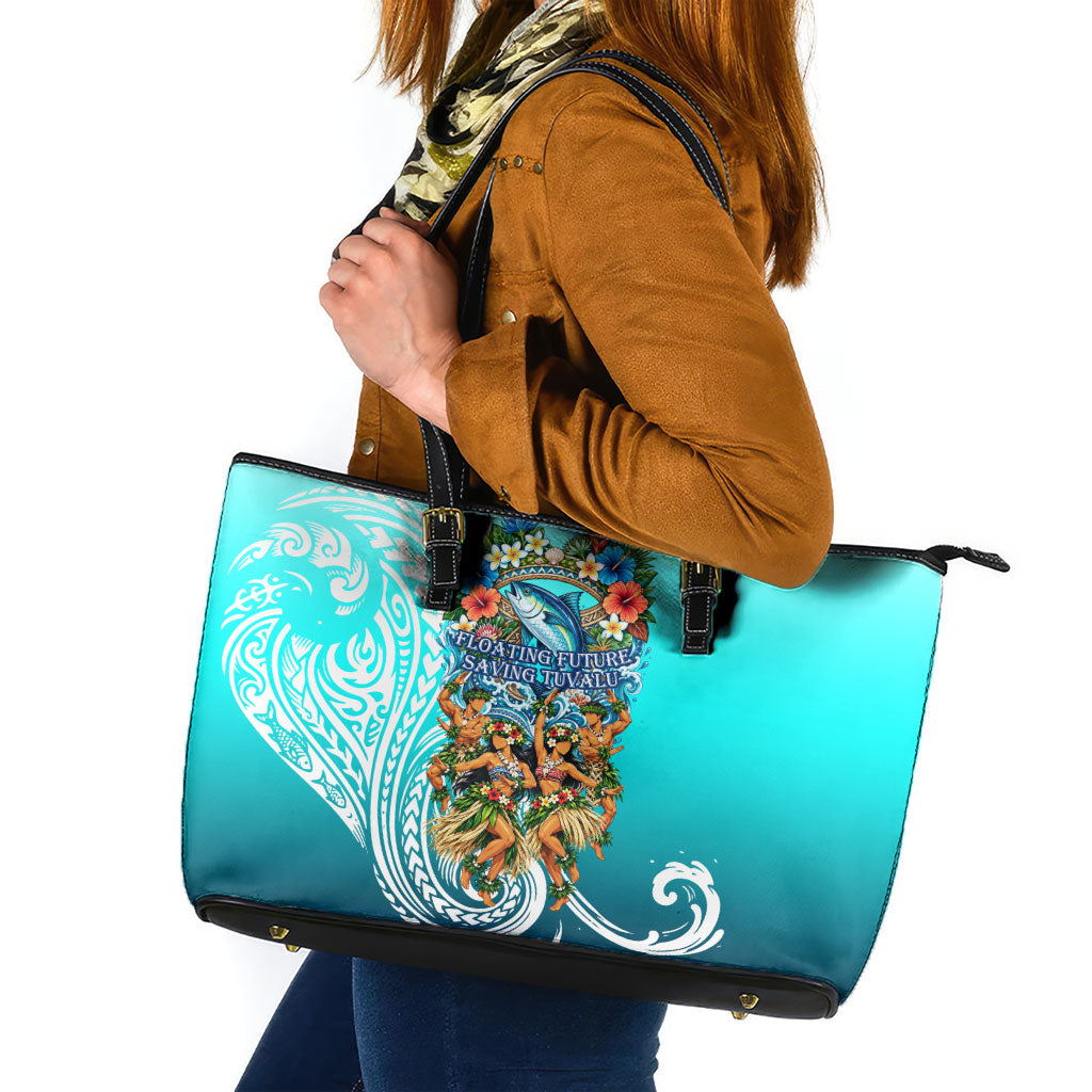 Floating Future Saving Tuvalu Leather Tote Bag Ocean Blue Pacific Polynesian Cultural Art Marine Wildlife