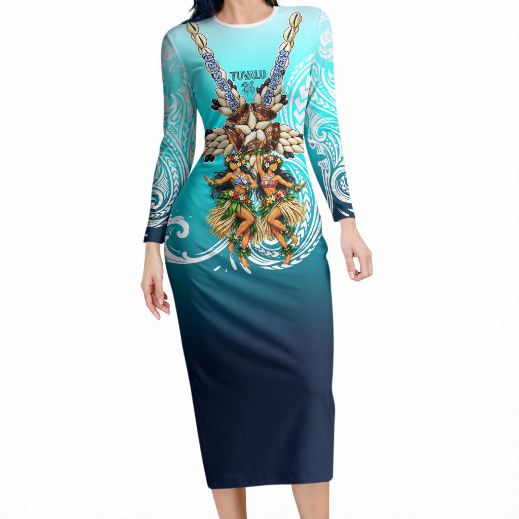 Floating Future Saving Tuvalu Long Sleeve Bodycon Dress Ocean Blue Pacific Polynesian Cultural Art Marine Wildlife