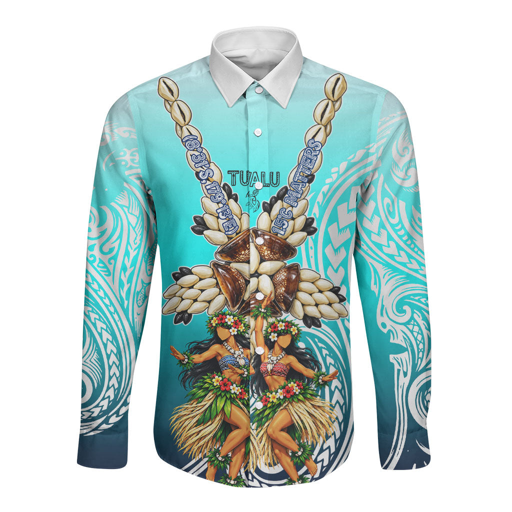 Floating Future Saving Tuvalu Long Sleeve Button Shirt Ocean Blue Pacific Polynesian Cultural Art Marine Wildlife TS04 Unisex Blue White - Polynesian Pride