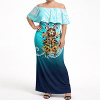 Floating Future Saving Tuvalu Off Shoulder Maxi Dress Ocean Blue Pacific Polynesian Cultural Art Marine Wildlife TS04 Women Blue White - Polynesian Pride