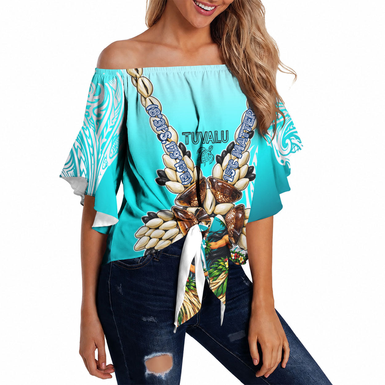 Floating Future Saving Tuvalu Off Shoulder Wrap Waist Top Ocean Blue Pacific Polynesian Cultural Art Marine Wildlife