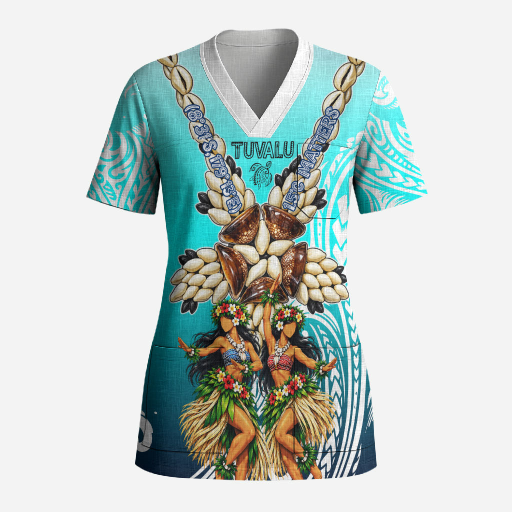 Floating Future Saving Tuvalu Scrub Top Ocean Blue Pacific Polynesian Cultural Art Marine Wildlife