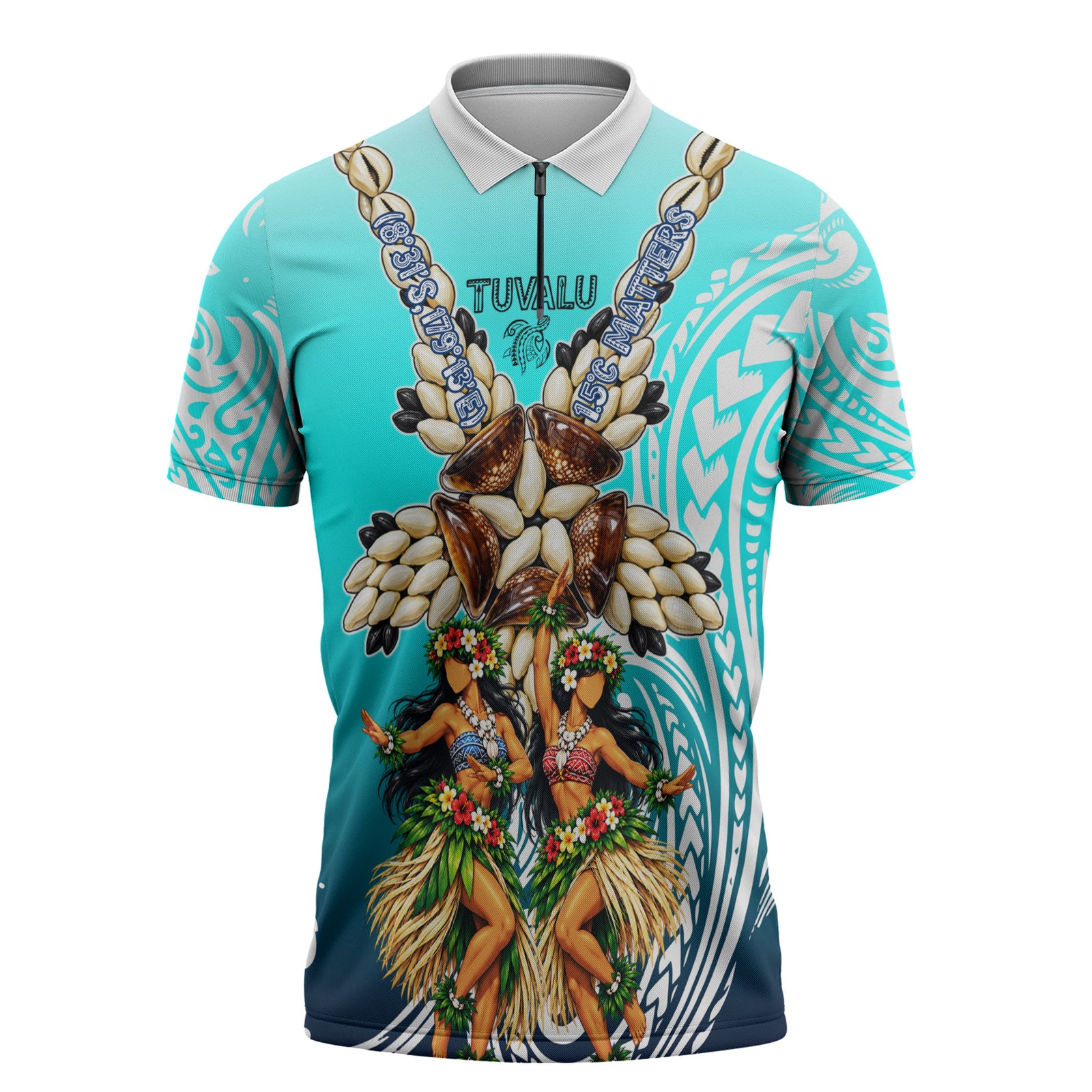 Floating Future Saving Tuvalu Zipper Polo Shirt Ocean Blue Pacific Polynesian Cultural Art Marine Wildlife TS04 Blue White - Polynesian Pride