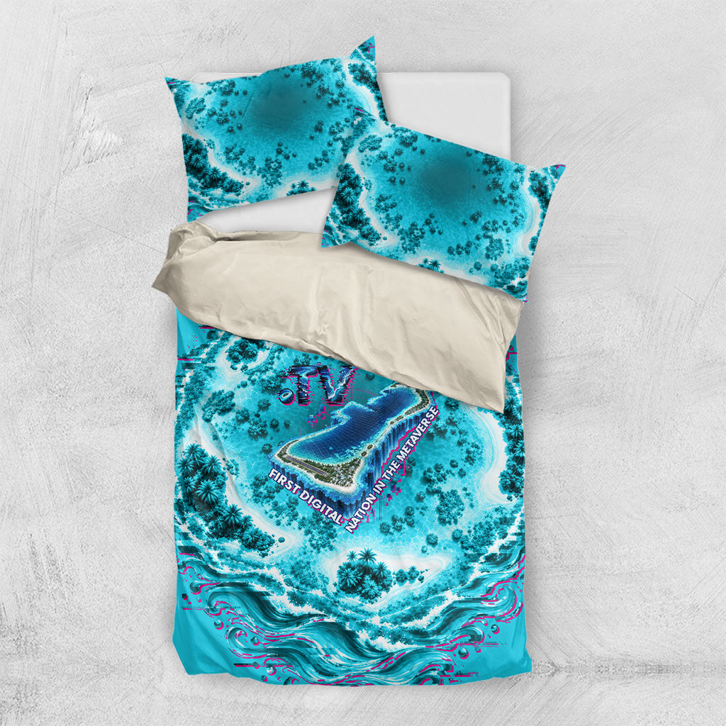 Tuvalu First Digital Nation In The Metaverse Bedding Set Polynesian Island Atoll Cyber Ocean TS04 US Twin 172cm x 218cm Blue White - Polynesian Pride