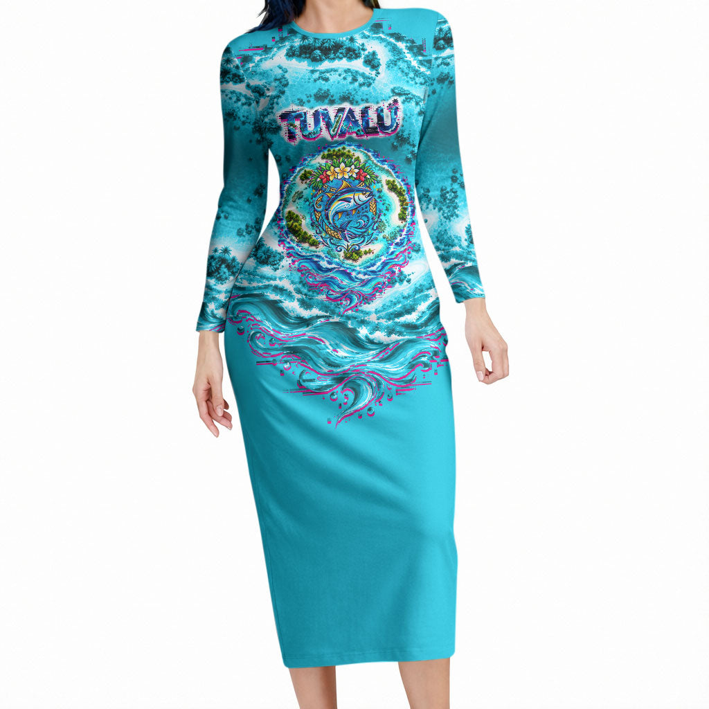 Tuvalu First Digital Nation In The Metaverse Long Sleeve Bodycon Dress Polynesian Island Atoll Cyber Ocean