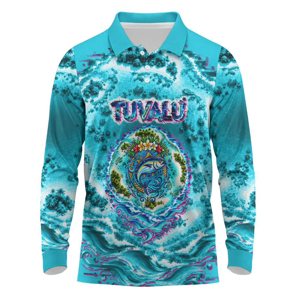 Tuvalu First Digital Nation In The Metaverse Long Sleeve Polo Shirt Polynesian Island Atoll Cyber Ocean TS04 Blue White - Polynesian Pride
