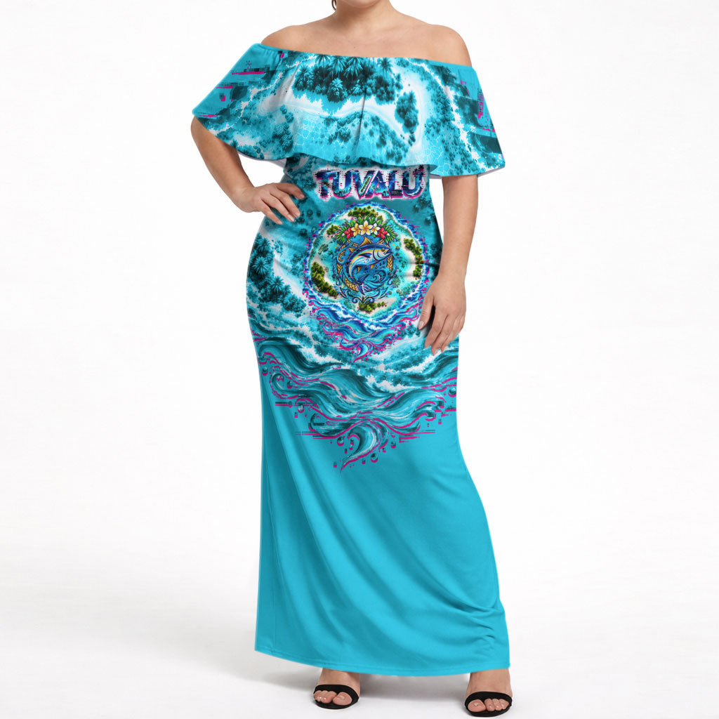 Tuvalu First Digital Nation In The Metaverse Off Shoulder Maxi Dress Polynesian Island Atoll Cyber Ocean TS04 Women Blue White - Polynesian Pride