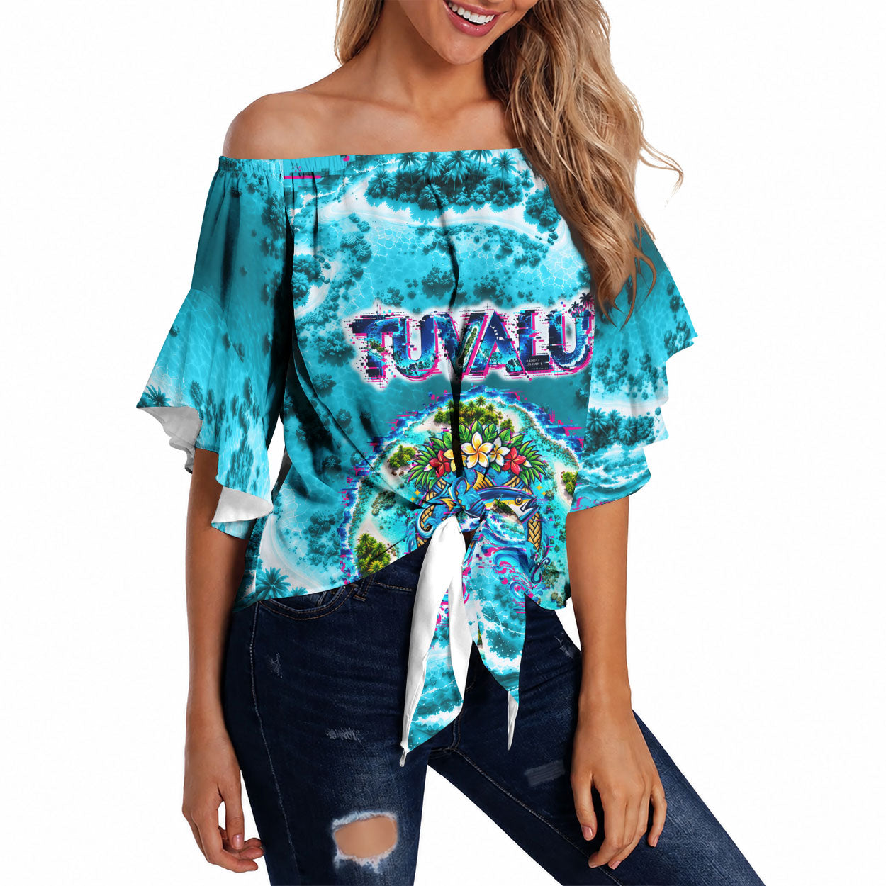 Tuvalu First Digital Nation In The Metaverse Off Shoulder Wrap Waist Top Polynesian Island Atoll Cyber Ocean
