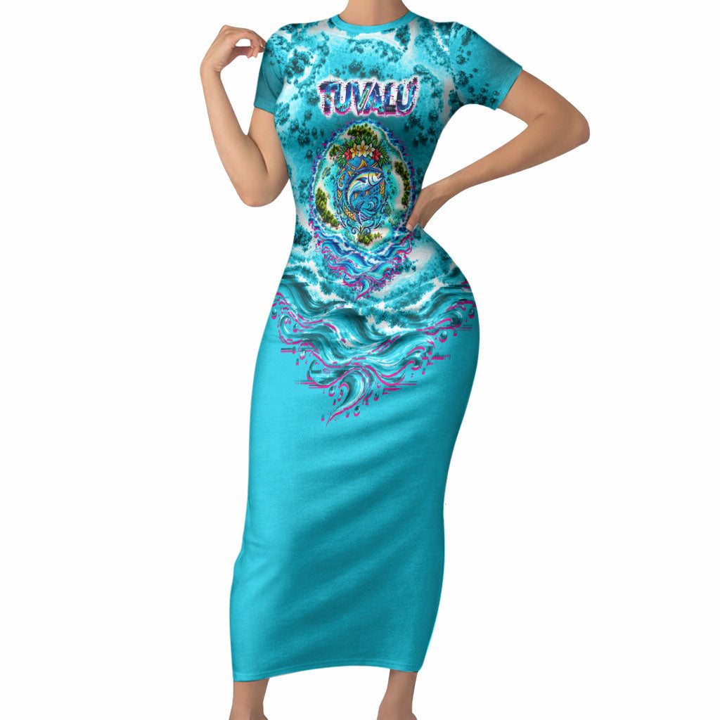Tuvalu First Digital Nation In The Metaverse Short Sleeve Bodycon Dress Polynesian Island Atoll Cyber Ocean TS04 Long Dress Blue White - Polynesian Pride