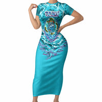 Tuvalu First Digital Nation In The Metaverse Short Sleeve Bodycon Dress Polynesian Island Atoll Cyber Ocean TS04 Long Dress Blue White - Polynesian Pride