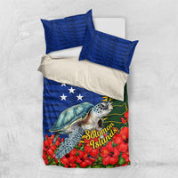 Solomon Islands Sea Turtle Bedding Set Patriotic Flag Coat Of Arms Tribal Hibiscus TS04 US Twin 172cm x 218cm Blue Green - Polynesian Pride