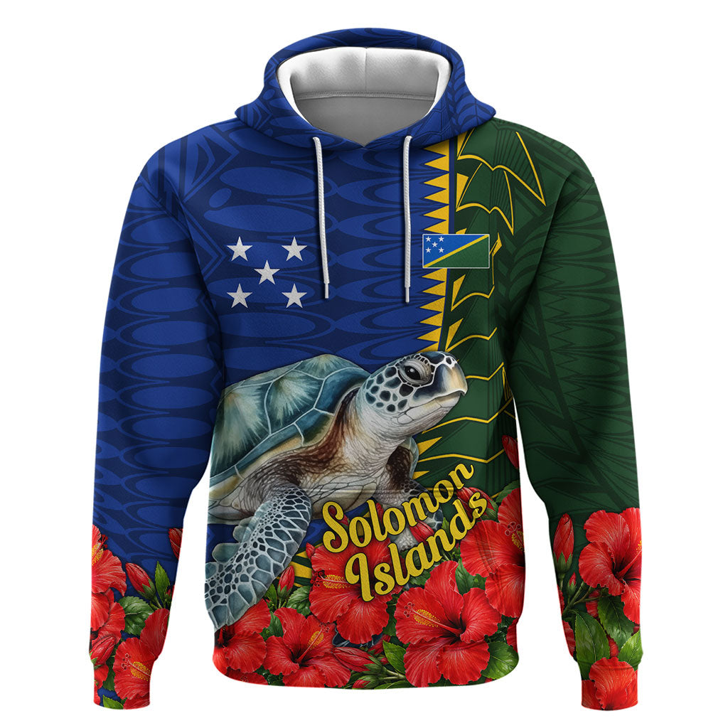 Solomon Islands Sea Turtle Hoodie Patriotic Flag Coat Of Arms Tribal Hibiscus TS04 Pullover Hoodie Blue Green - Polynesian Pride
