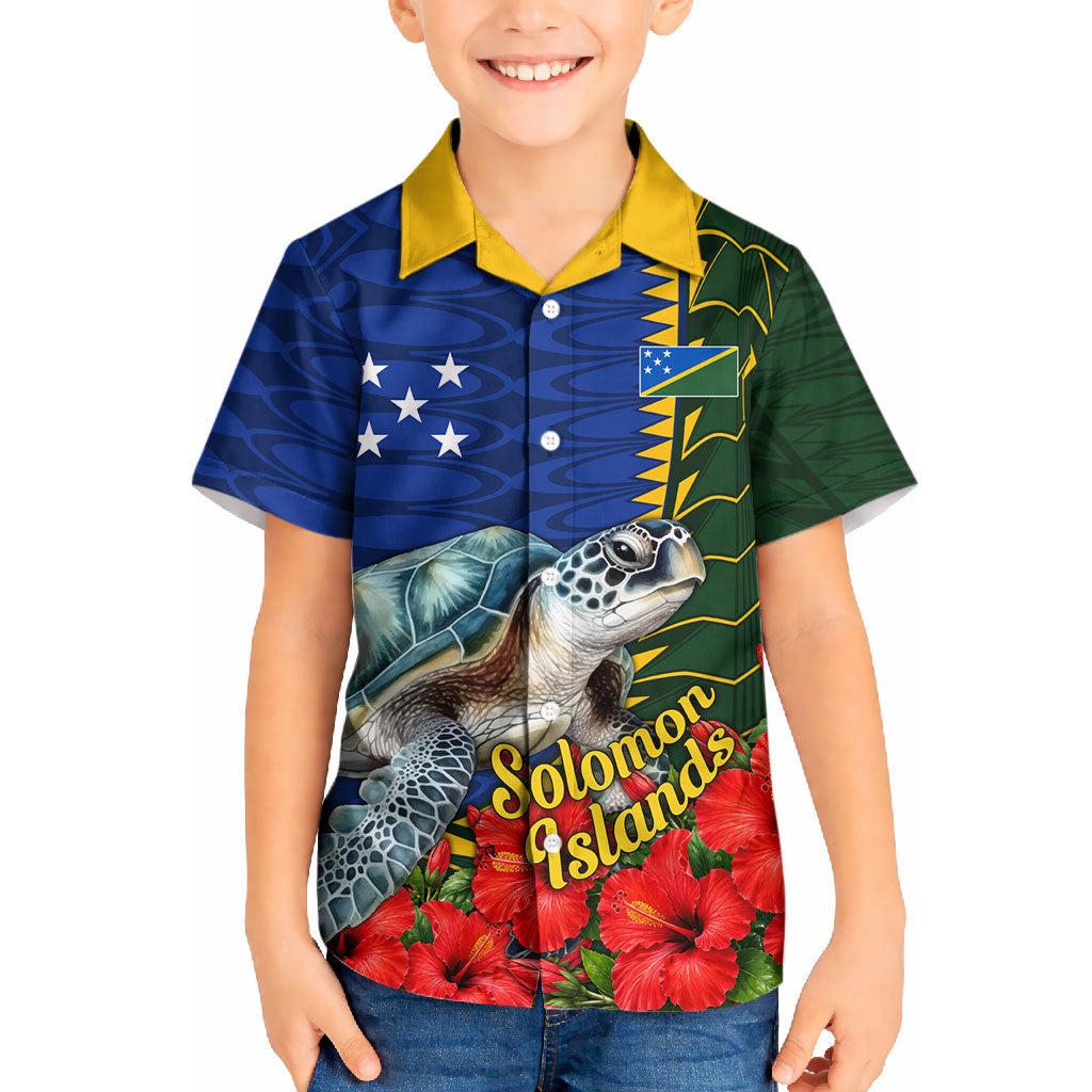 Solomon Islands Sea Turtle Kid Hawaiian Shirt Patriotic Flag Coat Of Arms Tribal Hibiscus TS04 Kid Blue Green - Polynesian Pride
