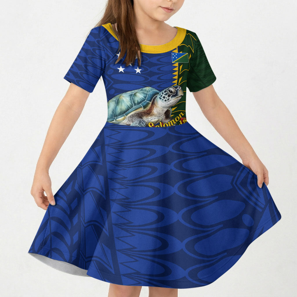 Solomon Islands Sea Turtle Kid Short Sleeve Dress Patriotic Flag Coat Of Arms Tribal Hibiscus TS04 KID Blue Green - Polynesian Pride