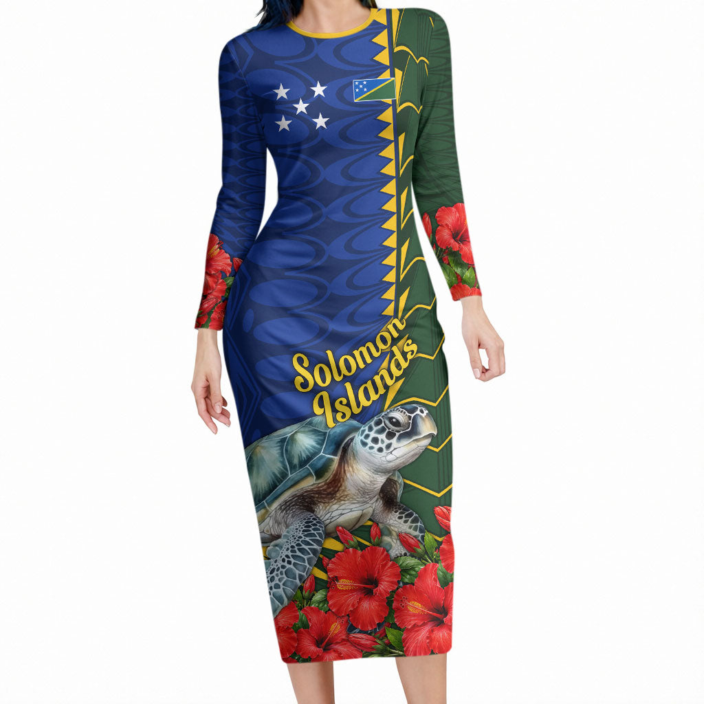 Solomon Islands Sea Turtle Long Sleeve Bodycon Dress Patriotic Flag Coat Of Arms Tribal Hibiscus TS04 Long Dress Blue Green - Polynesian Pride