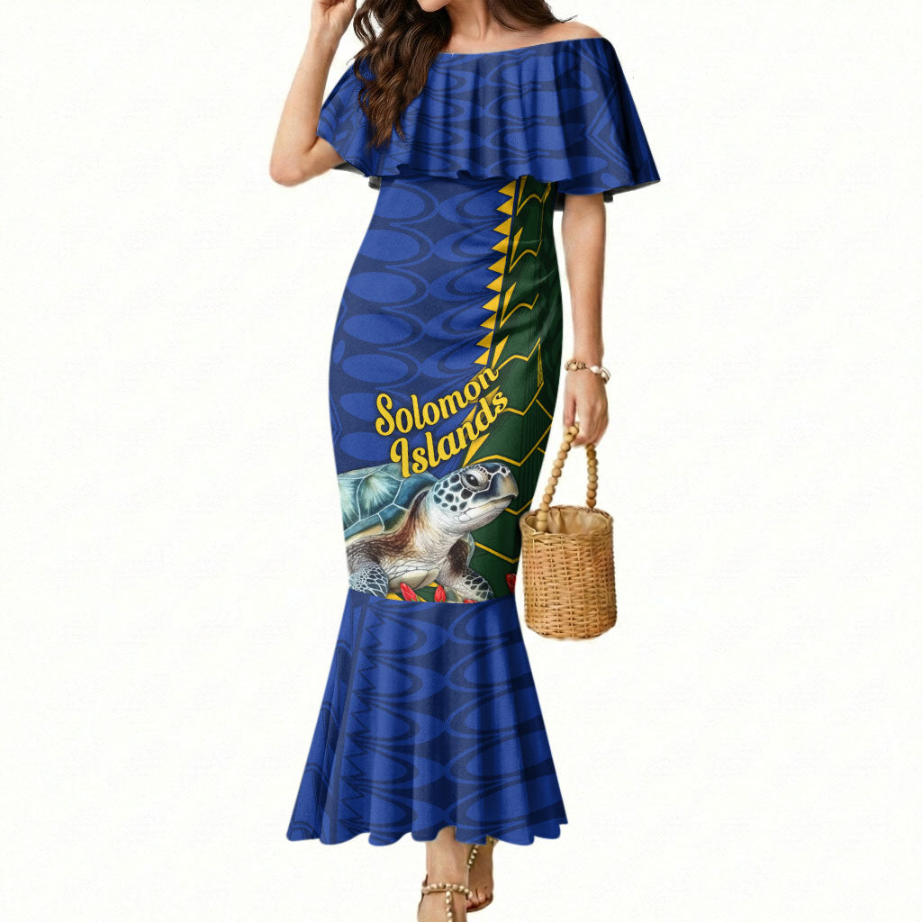 Solomon Islands Sea Turtle Mermaid Dress Patriotic Flag Coat Of Arms Tribal Hibiscus TS04 Women Blue Green - Polynesian Pride
