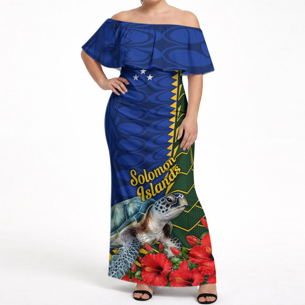 Solomon Islands Sea Turtle Off Shoulder Maxi Dress Patriotic Flag Coat Of Arms Tribal Hibiscus TS04 Women Blue Green - Polynesian Pride