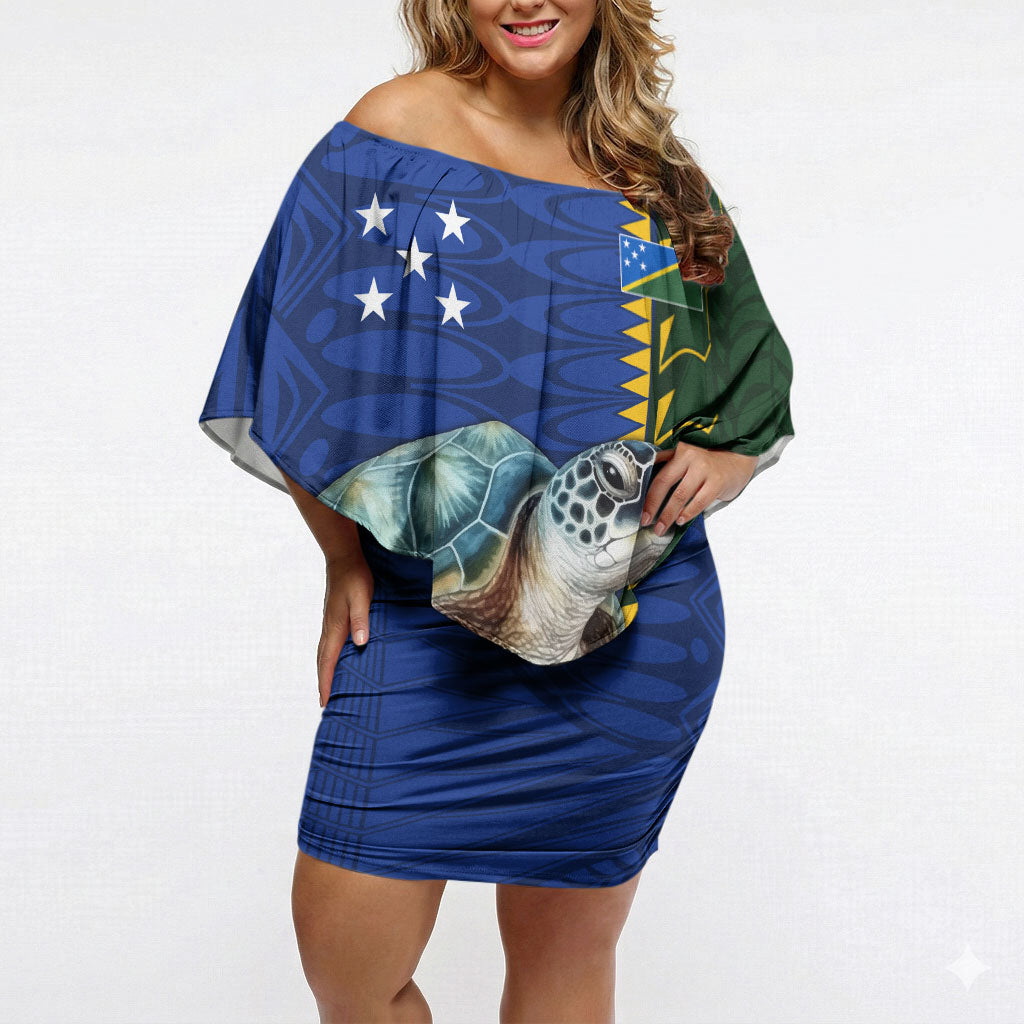 Solomon Islands Sea Turtle Off Shoulder Short Dress Patriotic Flag Coat Of Arms Tribal Hibiscus TS04 Women Blue Green - Polynesian Pride
