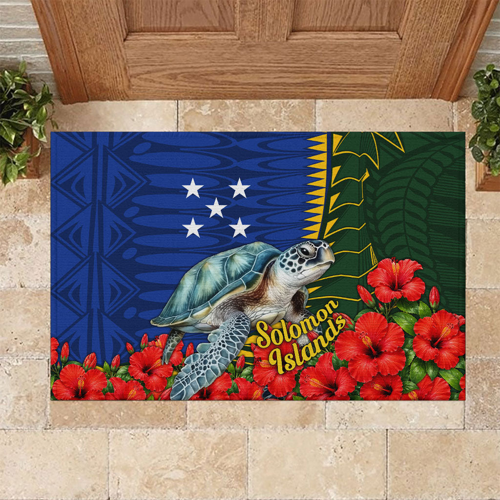 Solomon Islands Sea Turtle Rubber Doormat Patriotic Flag Coat Of Arms Tribal Hibiscus TS04 Blue Green - Polynesian Pride