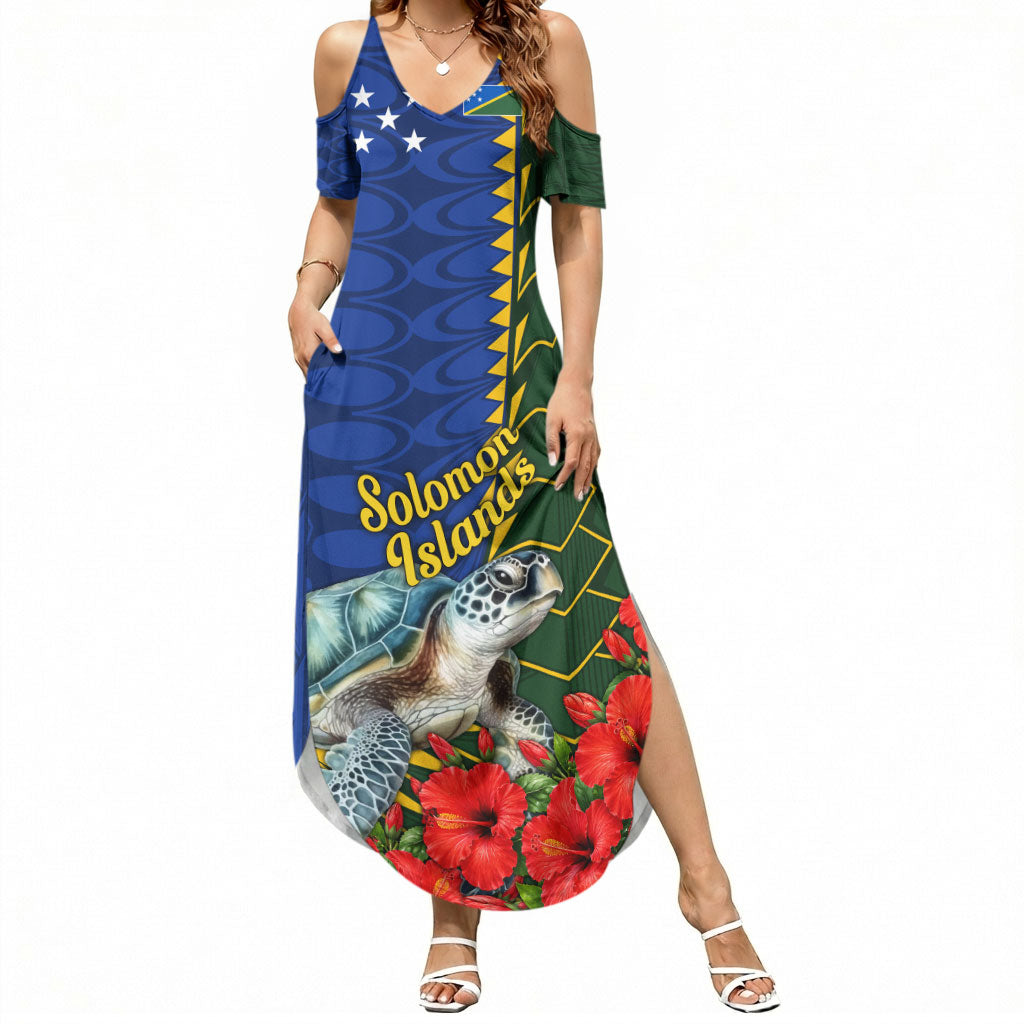 Solomon Islands Sea Turtle Summer Maxi Dress Patriotic Flag Coat Of Arms Tribal Hibiscus TS04 Women Blue Green - Polynesian Pride