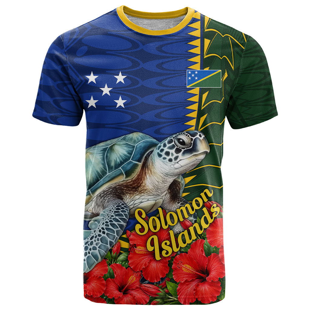 Solomon Islands Sea Turtle T Shirt Patriotic Flag Coat Of Arms Tribal Hibiscus TS04 Blue Green - Polynesian Pride