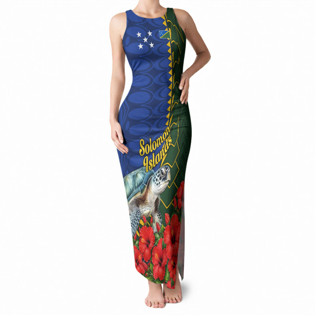 Solomon Islands Sea Turtle Tank Maxi Dress Patriotic Flag Coat Of Arms Tribal Hibiscus TS04 Women Blue Green - Polynesian Pride