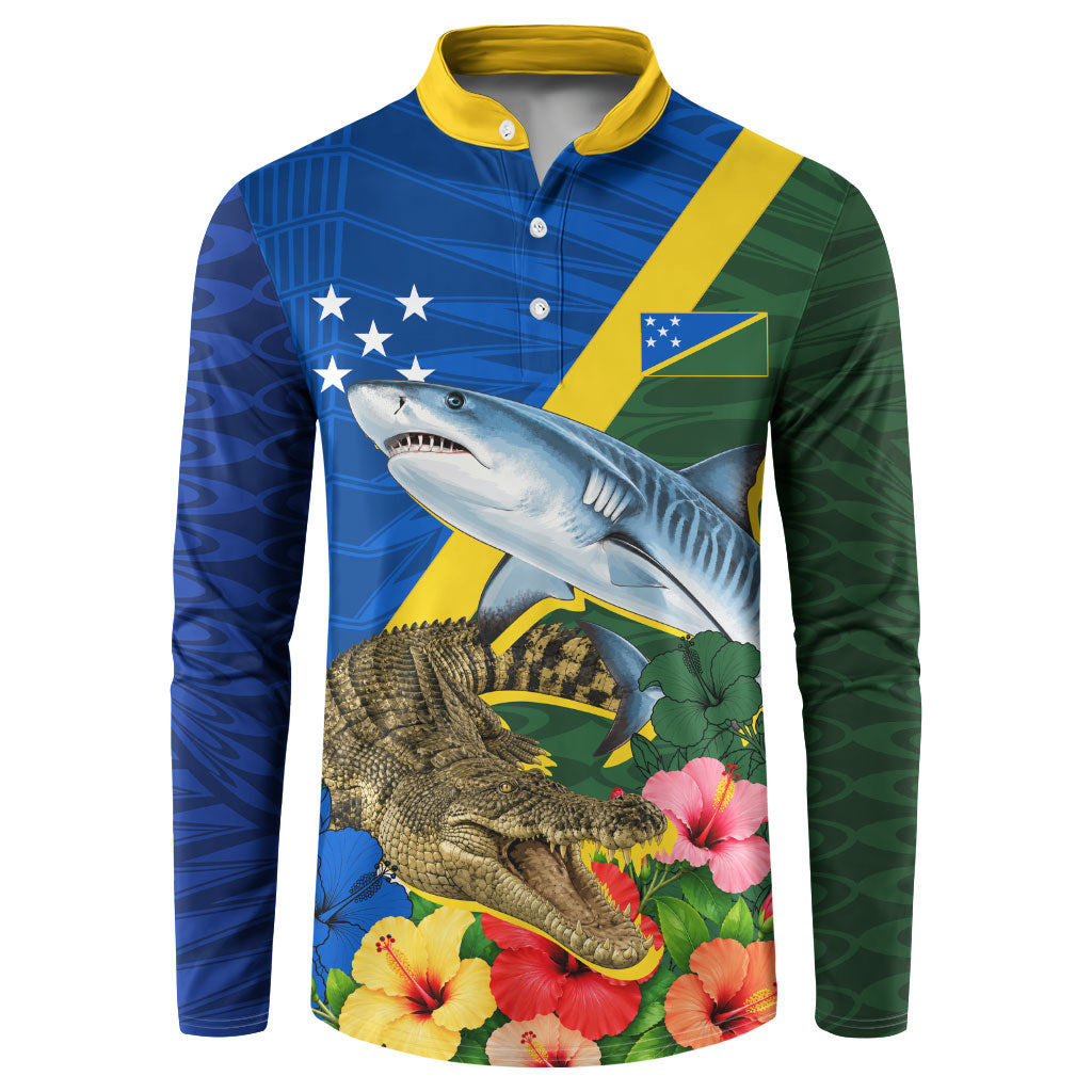 Personalized Solomon Islands Coat Of Arms Button Sweatshirt Patriotic Flag Shark Crocodile Tropical Floral TS04 Blue Green - Polynesian Pride