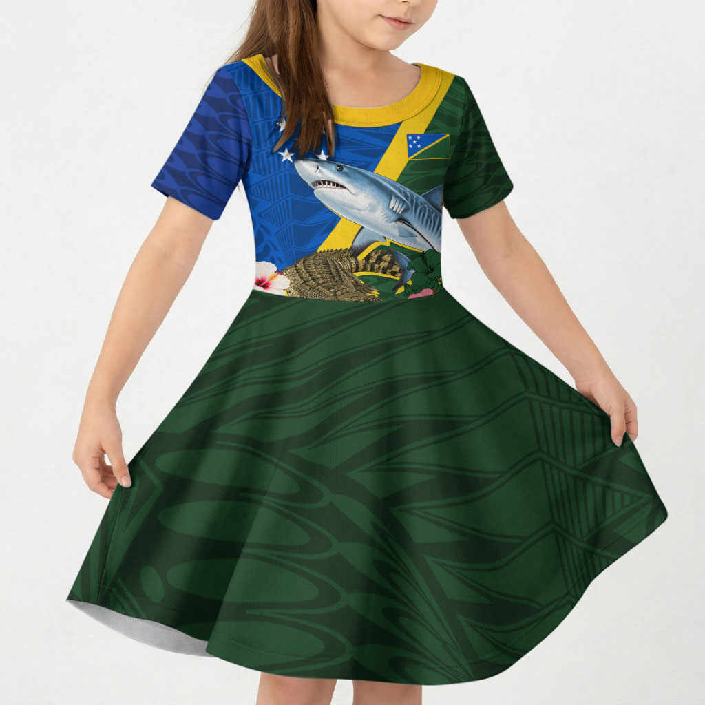 Personalized Solomon Islands Coat Of Arms Kid Short Sleeve Dress Patriotic Flag Shark Crocodile Tropical Floral TS04 KID Blue Green - Polynesian Pride