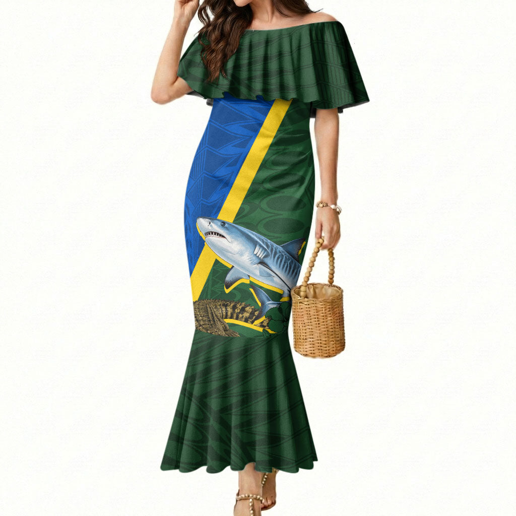 Personalized Solomon Islands Coat Of Arms Mermaid Dress Patriotic Flag Shark Crocodile Tropical Floral TS04 Women Blue Green - Polynesian Pride